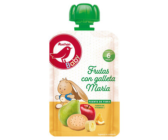 Bolsita de fruta (manzana, pera, plátano y naranja) con galleta maria, a partir de 6 meses ALCAMPO BABY 100 g. Bolsita de fruta (manzana, pera, plátano y naranja) con galleta maria, a partir de 6 meses ALCAMPO BABY 100 g.