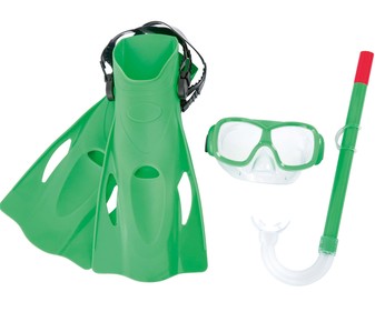 Set de snorkel con gafas, tubo y aletas +7 años, color verde o azul, ESSENTIAL. Set de snorkel con gafas, tubo y aletas +7 años, color verde o azul, ESSENTIAL.