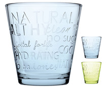 Vaso modelo Citypop de vidrio de color azul o amarillo, diseño letras en relieve, 0,24 litros PASABAHCE.