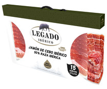 Estuche con 15 sobres de 60 g. de jamón de cebo ibérico (50% raza ibérica) cortado en medias lonchas con separador LEGADO IBÉRICO.