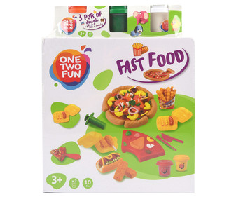 Juego de plastilina Fast Food con 10 accesorios y 3 botes de plastilina de colores, ONE TWO FUN ALCAMPO. Juego de plastilina Fast Food con 10 accesorios y 3 botes de plastilina de colores, ONE TWO FUN ALCAMPO.