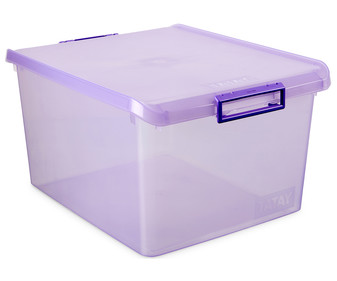 Caja multiusos con tapa color morado translúcido, 35 litros TATAY. Caja multiusos con tapa color morado translúcido, 35 litros TATAY.