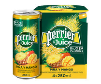 Bebida refrescante a base de agua con gas y zumo de piña y mango PERRIER 4 uds. x 250 ml.