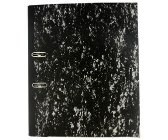 Archivador de cartón de color negro jaspeado, de tamaño folio, con 2 anillas con rado PRODUCTO ALCAMPO. Archivador de cartón de color negro jaspeado, de tamaño folio, con 2 anillas con rado PRODUCTO ALCAMPO.