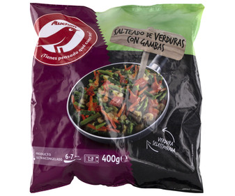 Salteado de verduras seleccionadas, con gambas PRODUCTO ALCAMPO 400 g. Salteado de verduras seleccionadas, con gambas PRODUCTO ALCAMPO 400 g.