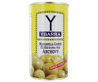 Aceitunas verdes manzanilla rellenas de anchoa YBARRA lata de 150 g. Aceitunas verdes manzanilla rellenas de anchoa YBARRA lata de 150 g.