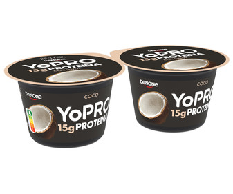 Yogur con sabor a coco, proteínas y sin azúcares añadidos ni grasa YOPRO de Danone 2 x 160 g. Yogur con sabor a coco, proteínas y sin azúcares añadidos ni grasa YOPRO de Danone 2 x 160 g.