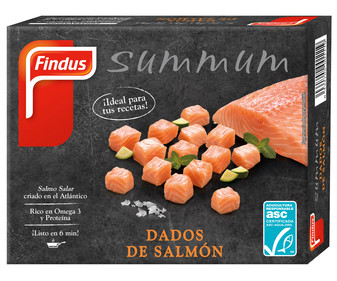 Dados de salmón procedente de acuicultura sostenible certificada (ASC) FINDUS Summum 180 g. Dados de salmón procedente de acuicultura sostenible certificada (ASC) FINDUS Summum 180 g.