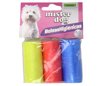 Bolsas de plástico colores recoge excrementos para perros MISTER DOG 3 rollos. 20 uds.