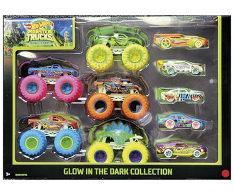 Pack de 5 Monster Truks y 5 coches brillantes en la oscuridad, HOT WHEELS. Pack de 5 Monster Truks y 5 coches brillantes en la oscuridad, HOT WHEELS.