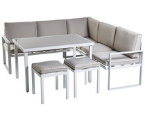 Conjunto de muebles de jardín 7 plazas 2 sofás, 2 taburetes y mesa de acero color blanco/beige, incluye cojines, Sebastopol GARDEN STAR ALCAMPO.