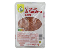 Chorizo de Pamplona extra, elaborado sin gluten y cortado en lonchas PRODUCTO ECONÓMICO ALCAMPO 200 g.