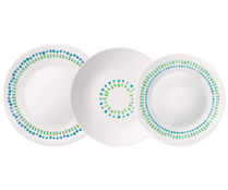 Vajilla de 18 piezas de vidrio opal color blanco con decoración azul y verde, Mediterraneo BORMIOLI ROCCO.