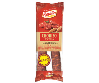 Sarta de chorizo dulce extra, elaborado sin gluten, sin colorantes ni colorantes REVILLA 250 g. Sarta de chorizo dulce extra, elaborado sin gluten, sin colorantes ni colorantes REVILLA 250 g.