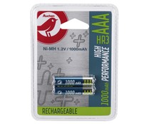Pack de 2 pilas recargables AAA, Ni-MH, HR03, PRODUCTO ALCAMPO, 1000 mAh.