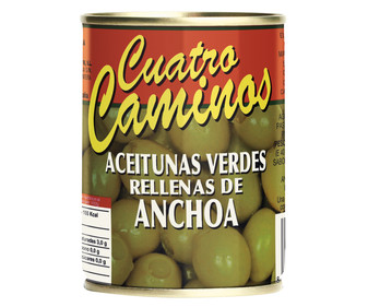 Aceitunas verdes varidad Manzanilla finas, rellenas de anchoa CUATRO CAMINOS 120 g. Aceitunas verdes varidad Manzanilla finas, rellenas de anchoa CUATRO CAMINOS 120 g.