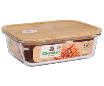 Recipiente hermético rectangular fabricado en vidrio con tapa de bambú y válvula de vapor, 1 litro, Bio QUTTIN.