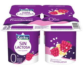 Yogur desnatado 0% materia grasa, sin lactosa ni azúcares añadidos, con frambuesas KAIKU Sin lactosa 4 x 125 g. Yogur desnatado 0% materia grasa, sin lactosa ni azúcares añadidos, con frambuesas KAIKU Sin lactosa 4 x 125 g.