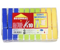 10 pinzas para tender de gran tamaño fabricadas en plástico de colores ROZENBAL.