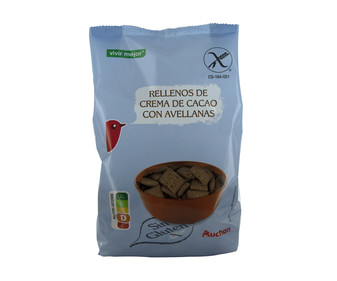 Cereales rellenos de crema de cacao con avellans sin gluten PRODUCTO ALCAMPO 400 g.