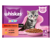 Pienso húmedo para gatos bolsa junior carne gelatina WHISKAS 4x85 gr.