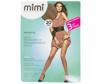 Pack de 3 pantys 20 Den, transparente con demarcación MIMI Tris panty, color scala, talla S. Pack de 3 pantys 20 Den, transparente con demarcación MIMI Tris panty, color scala, talla S.