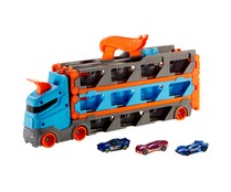 Camión de transporte convertible en pista para coches de juguete, almacena 20 vehículos, incluye 3 die-casts, HOT WHEELS MATTEL GVG37.