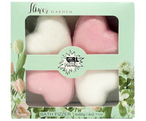 Caja con bombas de baño con forma de corazón y aromas florales GIRL POWER Flower garden 4 x 60 g.