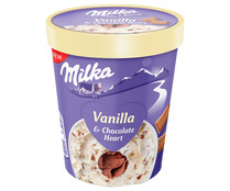 Tarrina de helado de vainilla con corazón de chocolate con leche MILKA 480 ml.