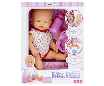 Muñeco bebé Pipí de 35cm de alto, incluye orinal y biberón, VICAM. Muñeco bebé Pipí de 35cm de alto, incluye orinal y biberón, VICAM.