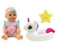 Muñeco bebé de 27cm con flotador de unicornio o cisne, ONE TWO FUN ALCAMPO.