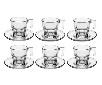 6 tazas de cafe con platos transparentes, 7,5cl., Casablanca PASABAHCE. 6 tazas de cafe con platos transparentes, 7,5cl., Casablanca PASABAHCE.