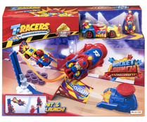 Escenario de juego Rocket Launch Challenge con vehículo y figura, T-RACERS.