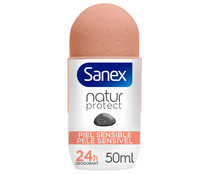 Desodorante roll on para mujer con protección antitranspirante hasta 24 horas, especial pieles sensibles SANEX Natur protect 50 ml.