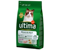 Pienso para gatos de pollo, arroz y cereales para control de bolas de pelo ULTIMA AFFINITY bolsa 1,5 kg.