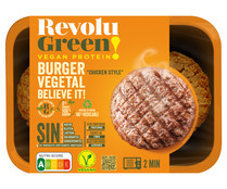 Burger vegetal "sabor pollo", lista para calentar y comer REVOLU GREEN! 2 x 75 g.