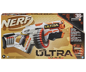 Lanzadardos automático NERF ULTRA ONE con alcance hasta 36 metros. Lanzadardos automático NERF ULTRA ONE con alcance hasta 36 metros.