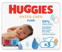 Toallitas húmedas para bebé (plástico en el producto: 67% de fibras natuales) HUGGIES Pure extra care 168 uds.