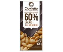 Chocolate extrafino puro, 60 % cacao y almendras, sin azúcares añadidos CLAVILEÑO 125 g.