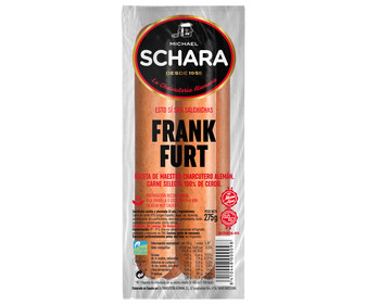 Salchichas cocidas y ahumadas tipo Frankfurt, especiales para parrilla SCHARA 275 g. Salchichas cocidas y ahumadas tipo Frankfurt, especiales para parrilla SCHARA 275 g.
