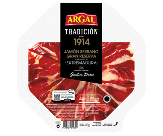 Jamón serrano gran reserva (18 meses de curación), cortado en lonchas finas ARGAL Tradición 80 g. Jamón serrano gran reserva (18 meses de curación), cortado en lonchas finas ARGAL Tradición 80 g.