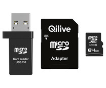Tarjeta de memoria Micro SD+Lectura USB+Adaptador QILIVE, clase 10, 64GB. Tarjeta de memoria Micro SD+Lectura USB+Adaptador QILIVE, clase 10, 64GB.