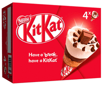 Cono de helado de vainilla, chocolate y un barrita de Kit kat en el centro KIT KAT de Nestlé 4 x 100 ml.