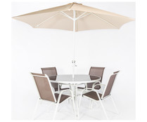 Conjunto de muebles de jardín 4 plazas con mesa, 4 sillas y sombrilla de acero y textileno color marrón/beige, Tirana KACTUS REPUBLIC.