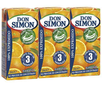 Zumo exprimido de naranja sin pulpa DON SIMON brick de 3 uds x 20 cl. Zumo exprimido de naranja sin pulpa DON SIMON brick de 3 uds x 20 cl.