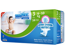 Pañales talla 3, para niños de 4 a 10 kilogramos MOLTEX Premium 56 uds.
