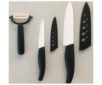Set de 2 cuchillos de cerámica de 10 y 15cm con funda mas pelador, ACTUEL.