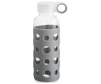 Botella de vidrio con funda de silicona color gris, 0,4 litros, Quidate QUID. Botella de vidrio con funda de silicona color gris, 0,4 litros, Quidate QUID.