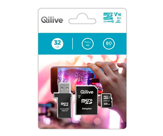 Tarjeta de memoria QILIVE 32GB MicroSDHC UHS-U1 V10, 80Mb/s, Clase 10 + Lector de tarjetas. Tarjeta de memoria QILIVE 32GB MicroSDHC UHS-U1 V10, 80Mb/s, Clase 10 + Lector de tarjetas.