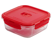 Recipiente hermético cuadrado de vidrio templado y tapa color rojo, Pure Box Active, 1,22 litros, 13cm. LUMINARC.
